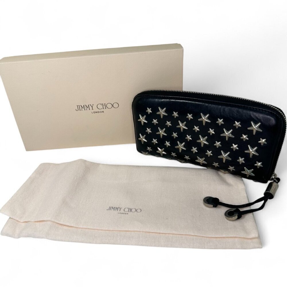 Jimmy Choo Long Black Leather Zippered Wallet, Silver Star Studs w/ Box - USED